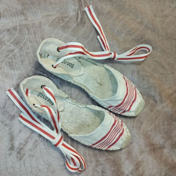 Soludos | Red & Tan Canvas Tie Up Espadrille Jute Sandals Womens Size 7 - Picture 2 of 9